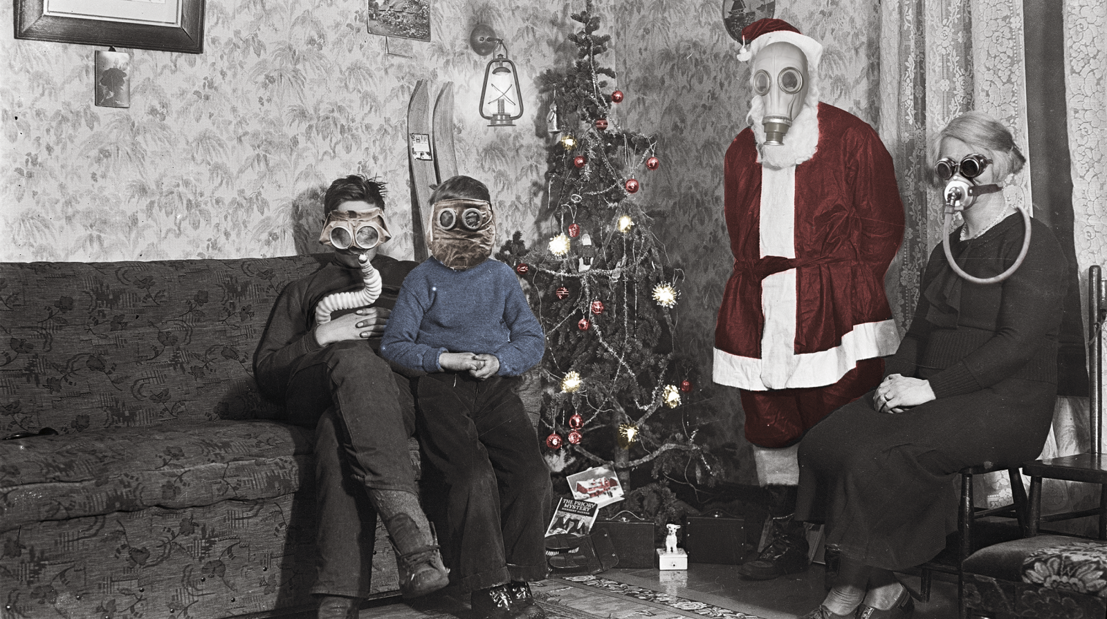 Illustration av familj med gasmasker och paraffinljus.