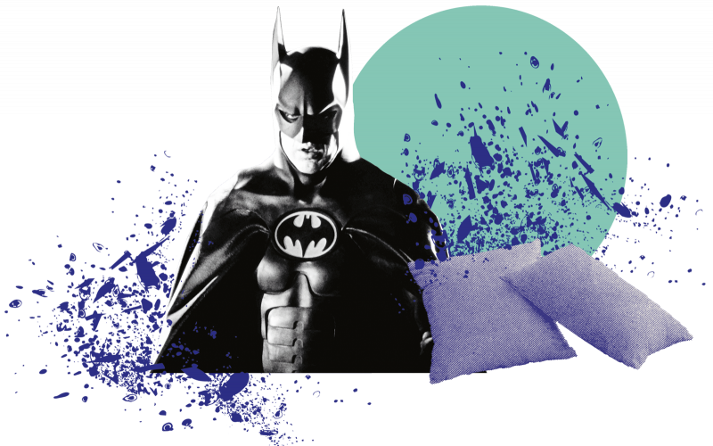 Batman och kuddar som illustration för Hollywoodfysik.