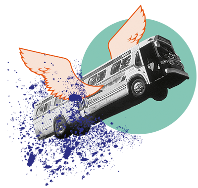 En flygande buss som illustration för Hollywoodfysik.