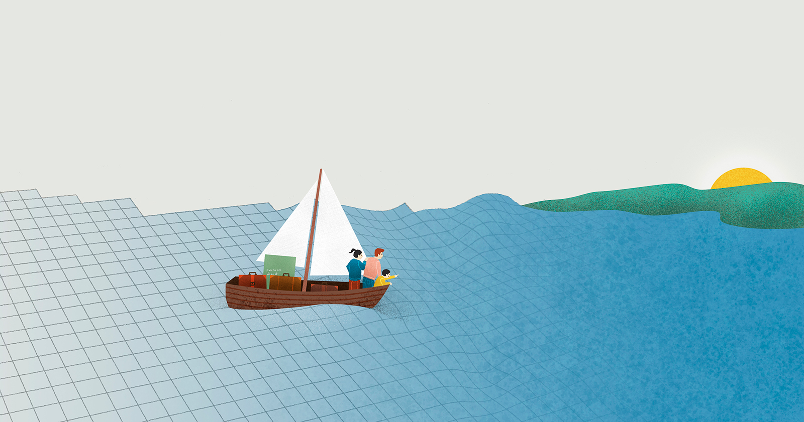 Illustration av skolflyktingar. En familj i en båt på väg till Åland.