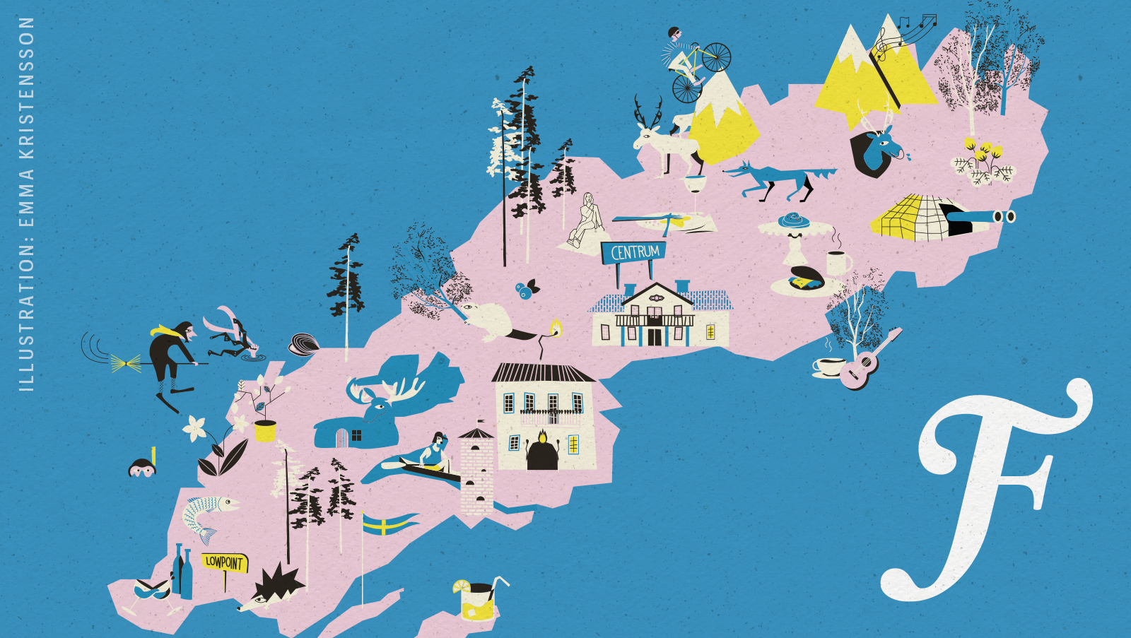 Illustration av Sverige för en sommarguide av experter.