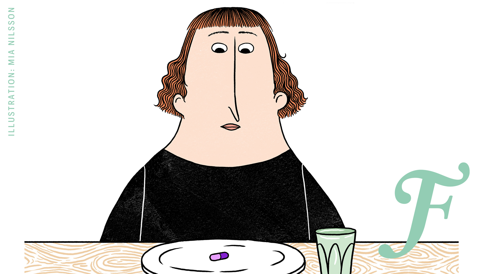 En person som har en tallrik med ett piller på. Illustration för detox.