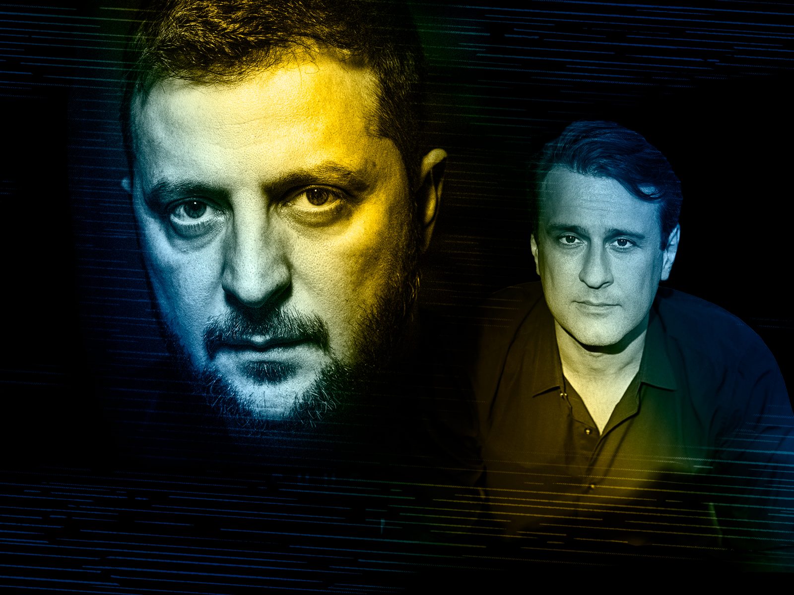 Porträtt på Volodymyr Zelenskyj och Simon Shuster som skrivit boken Spelaren.