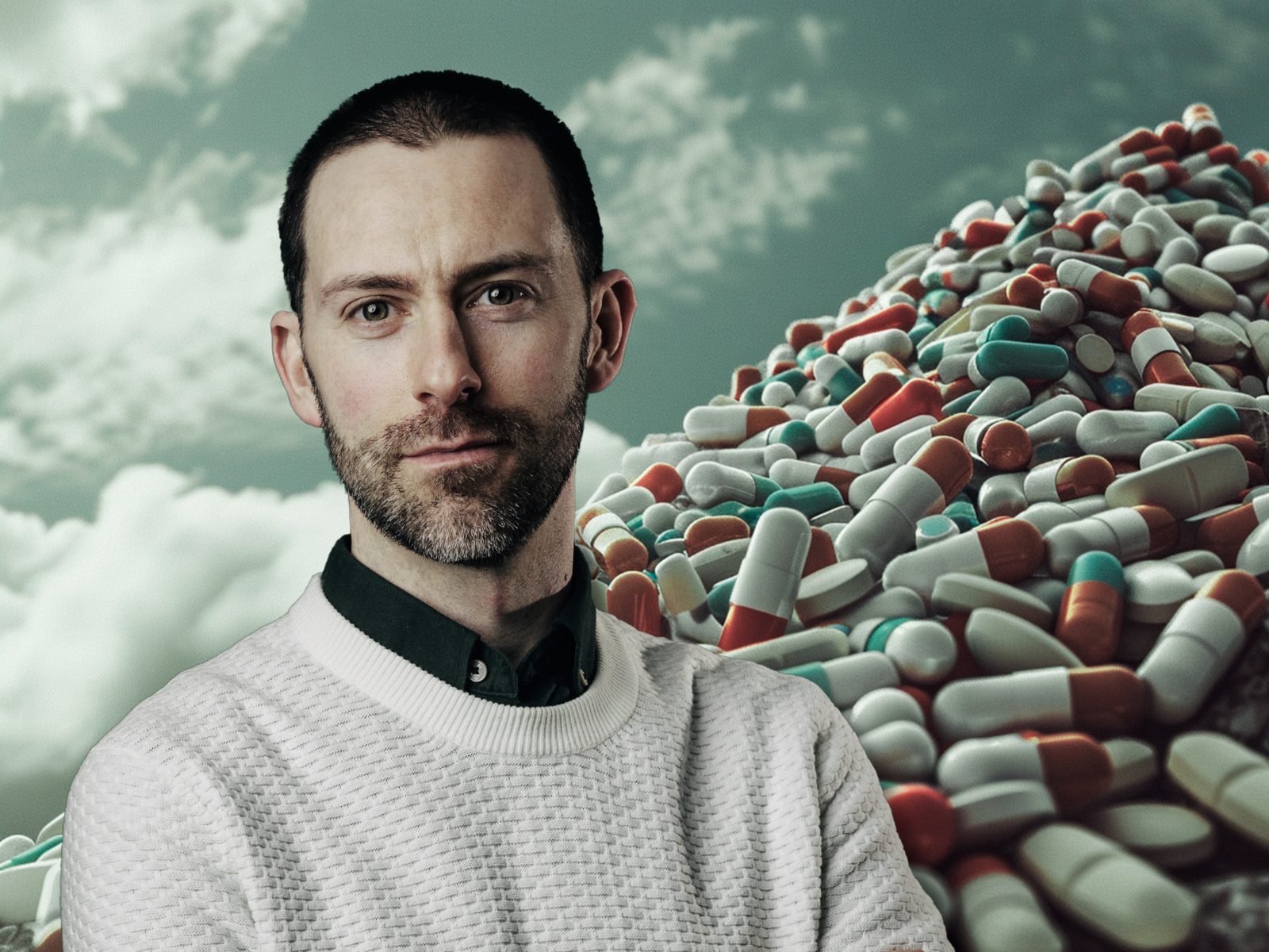 Collage som illustrerar André Marx framför ett berg av antidepressiva