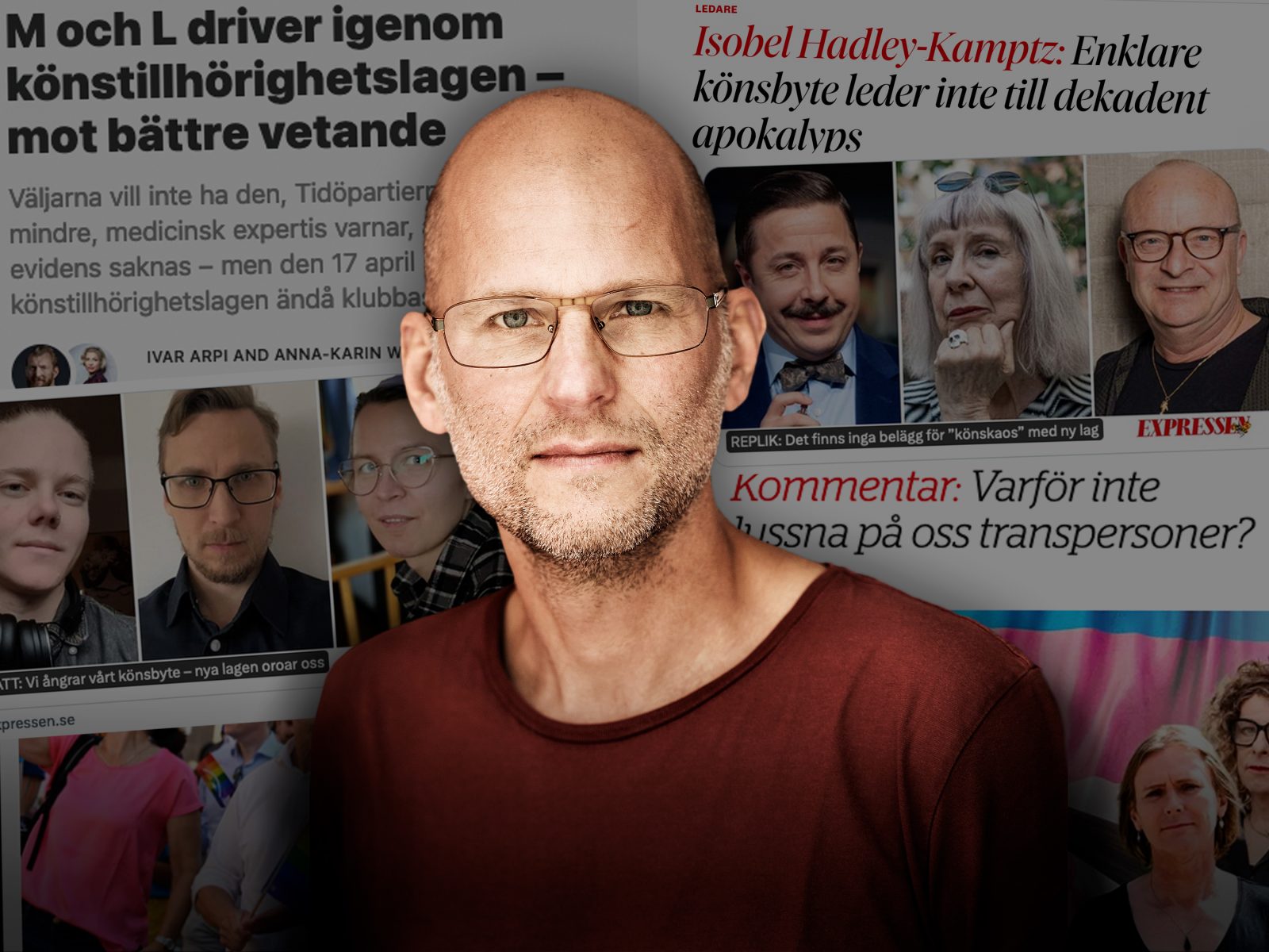 Porträtt på Mattias Göransson framför ett collage av debatten om könstillhörighetslagen.