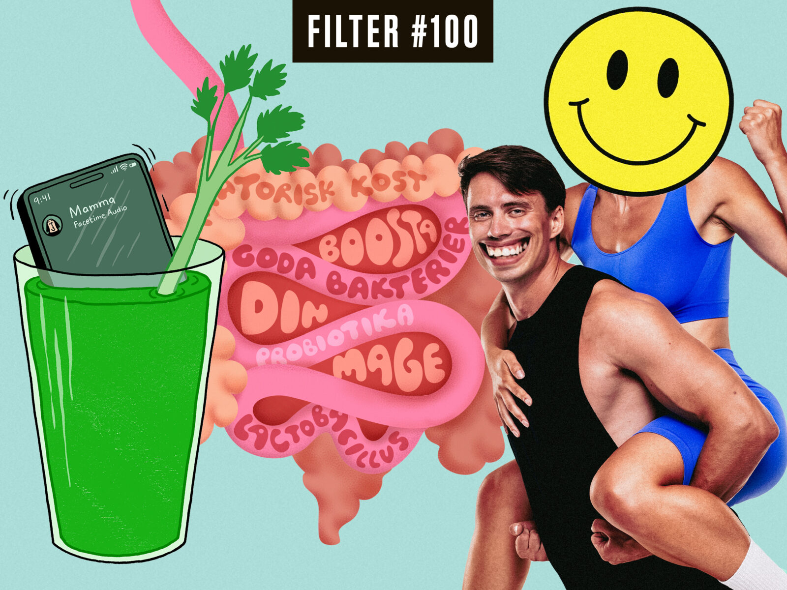 Ett collage av illustrationer för att visa hälsomyter: En grön hälsodrink med en nerstoppad mobil i glaset, ett tarmsystem där det står "boosta din mage" och ett tränande par där den ena ler fånigt stort och den andra har ett huvud som en smiley.