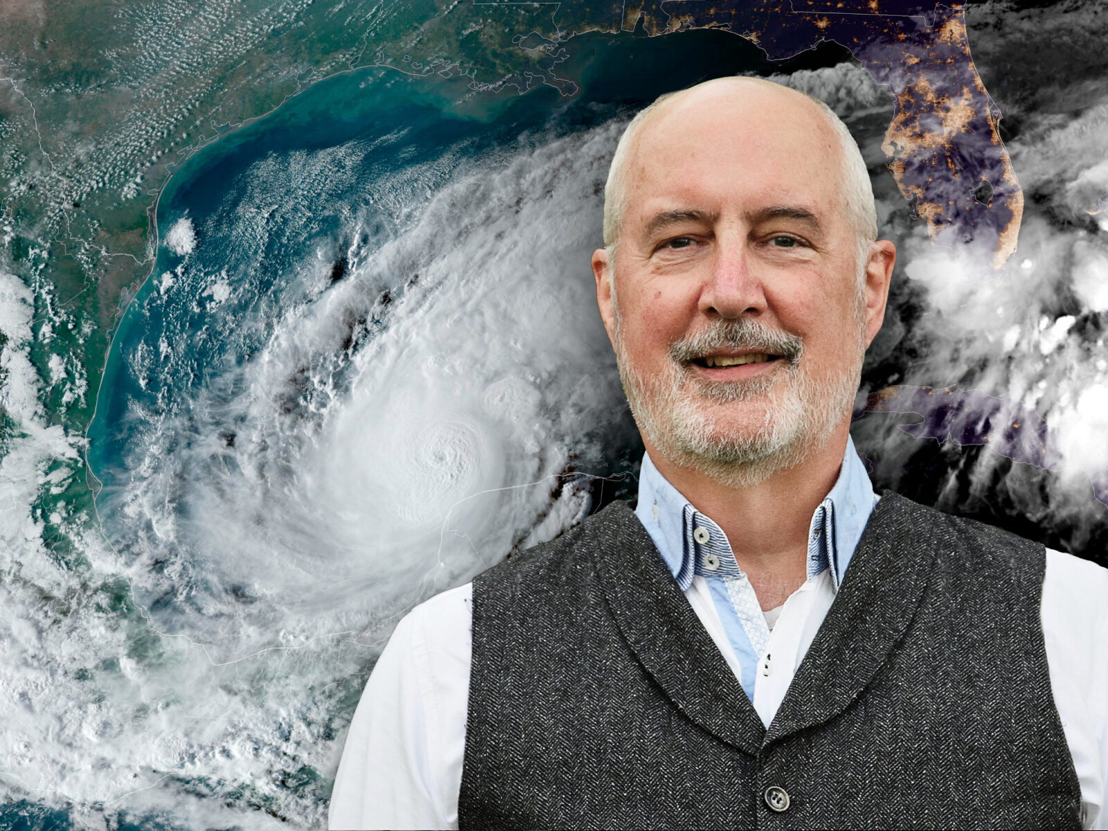 Porträtt på Kevin Noone, professor i kemisk meteorologi, i bakgrunden orkanen Milton.