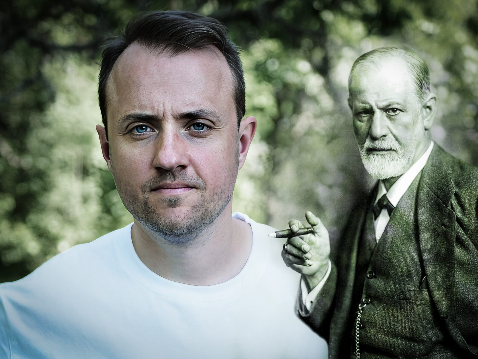Porträtt på Christian Dahlström författare av Den enda rätta läran och Sigmund Freud, psykoanalytiker.