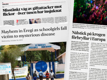 Tidningsurklipp som visar exempel på masspsykos. Förgiftade iranska skolflickor, kenyanska skolflickor som blivit sjuka och nålstick i Europa.