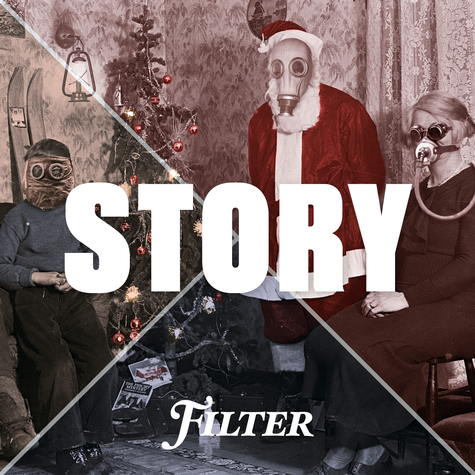 En bild från runt 50-talet med en tomte vid en gran och familjen runtom. Alla bär gasmask.