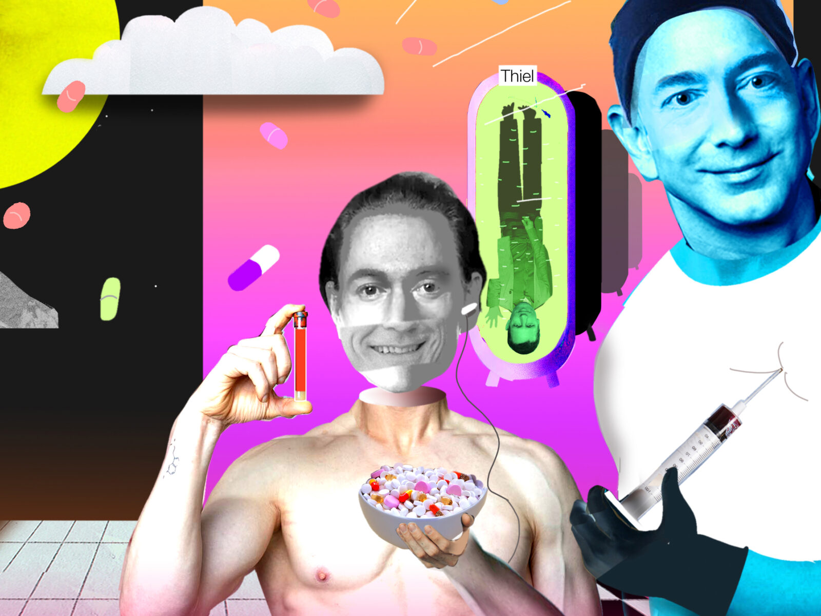 Färgstarkt collage med medikamenter och Jeff Bezos, Bryan Johnson och Peter Thiel