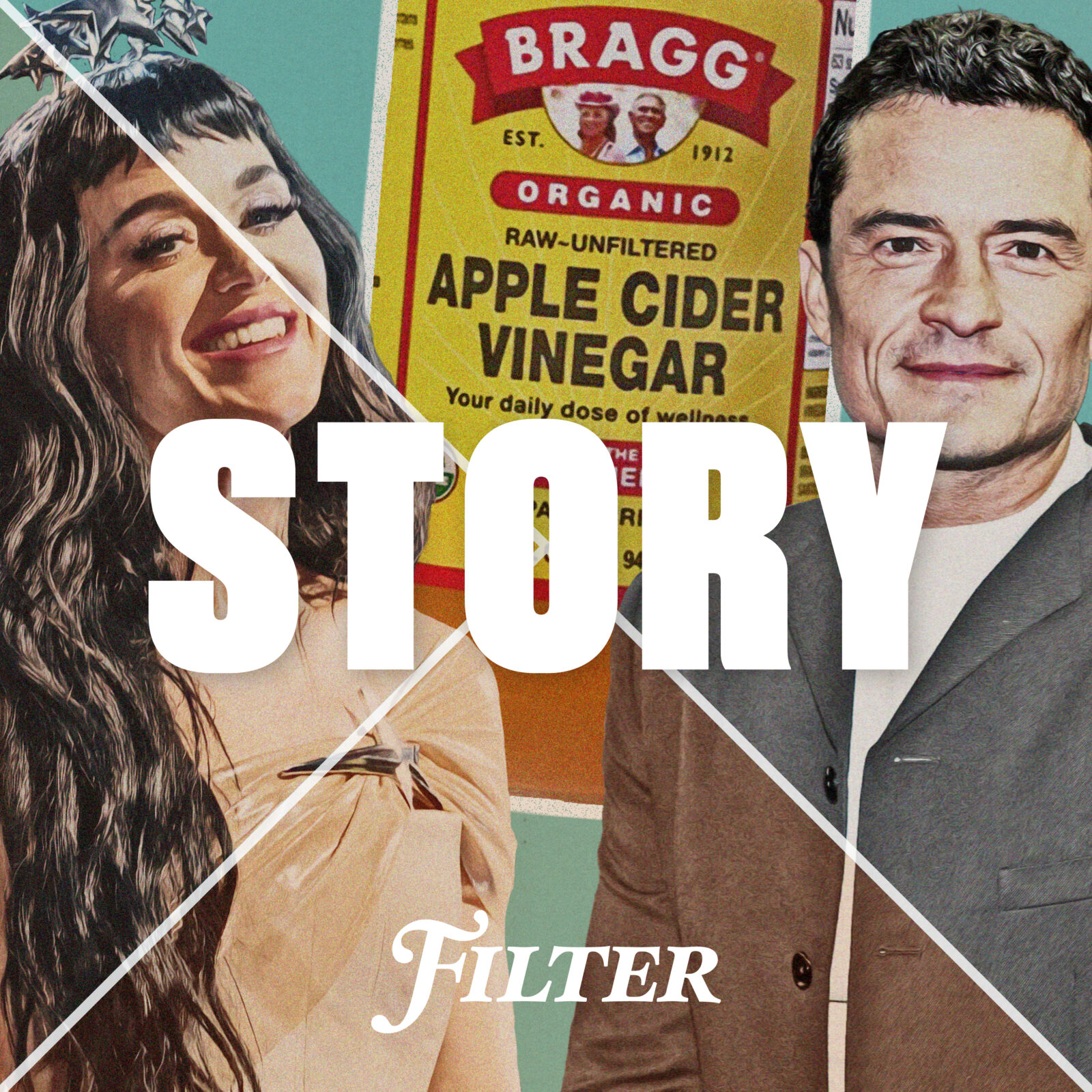 Collage av Katy Perry, Orlando Bloom och Bragg Apple Cider Vinegar.