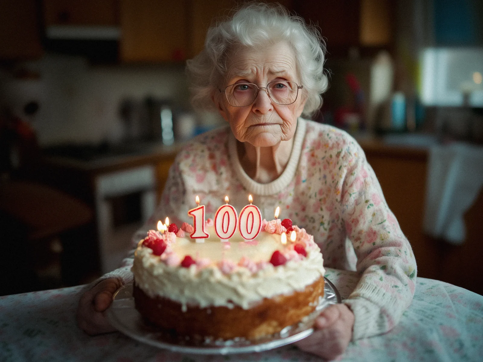 Ai-genererad äldre ledsen kvinna med en tårta framför sig med 100-årsljus.