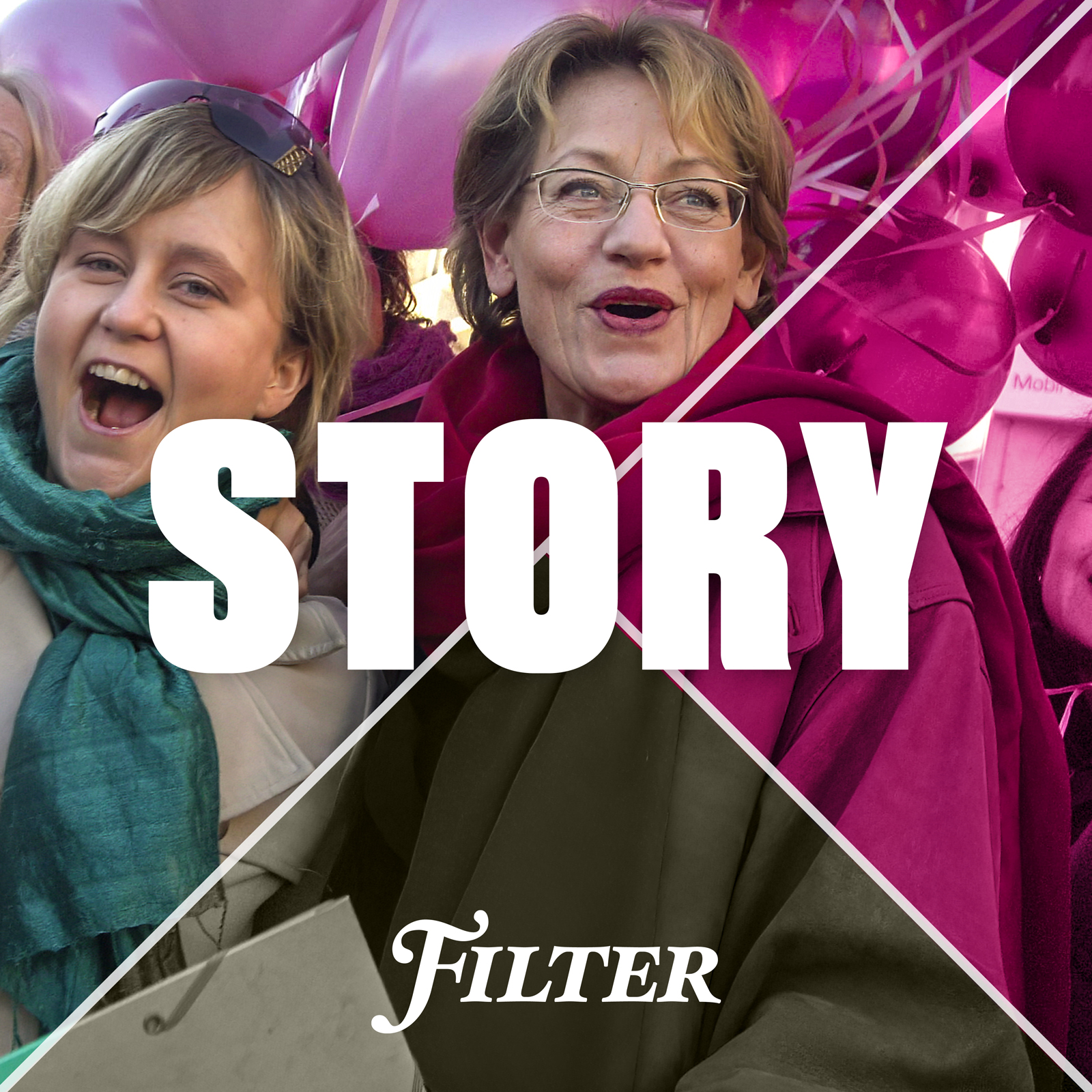 I bild syns Sofia Karlsson och Gudrun Schyman från Feministiskt initiativ med rosa ballonger bakom sig.