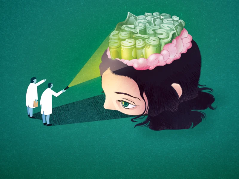 Illustration av två läkare lyser in i en kvinnas hjärna och ser pengar, en potientell adhd-utredning. En illustration till filters utredning av Psykiatri­specialisterna.